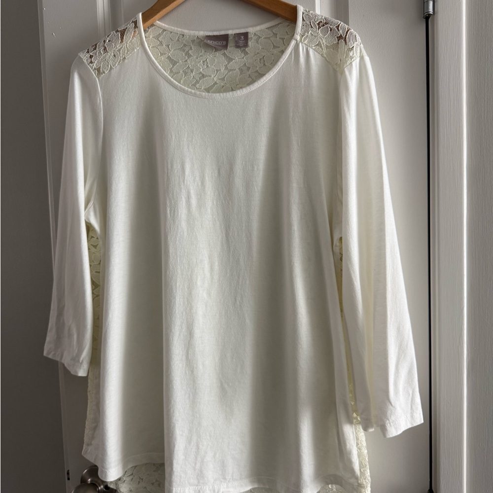 Chico's Ivory Lace-Shoulder 3/4 Sleeve Top Cotton Lightweight Lagenlook
